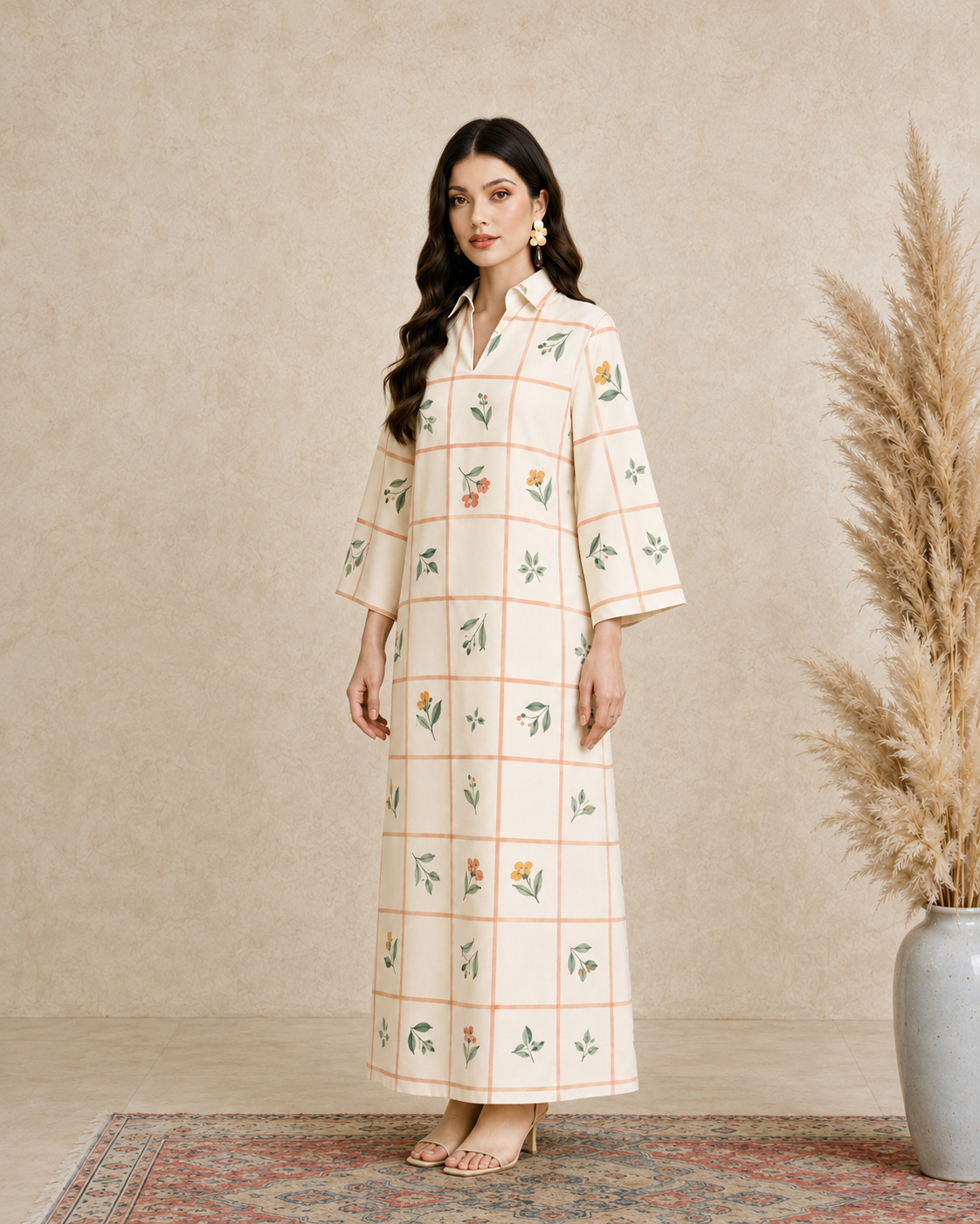 Cream Floral Grid Print Open Collar Jalabiya