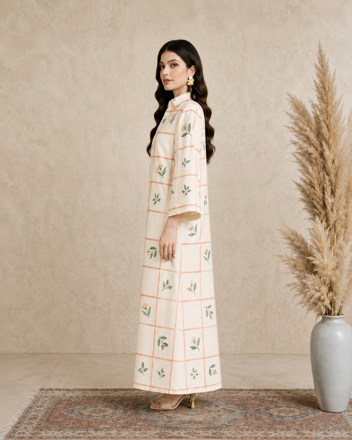 Cream Floral Grid Print Open Collar Jalabiya