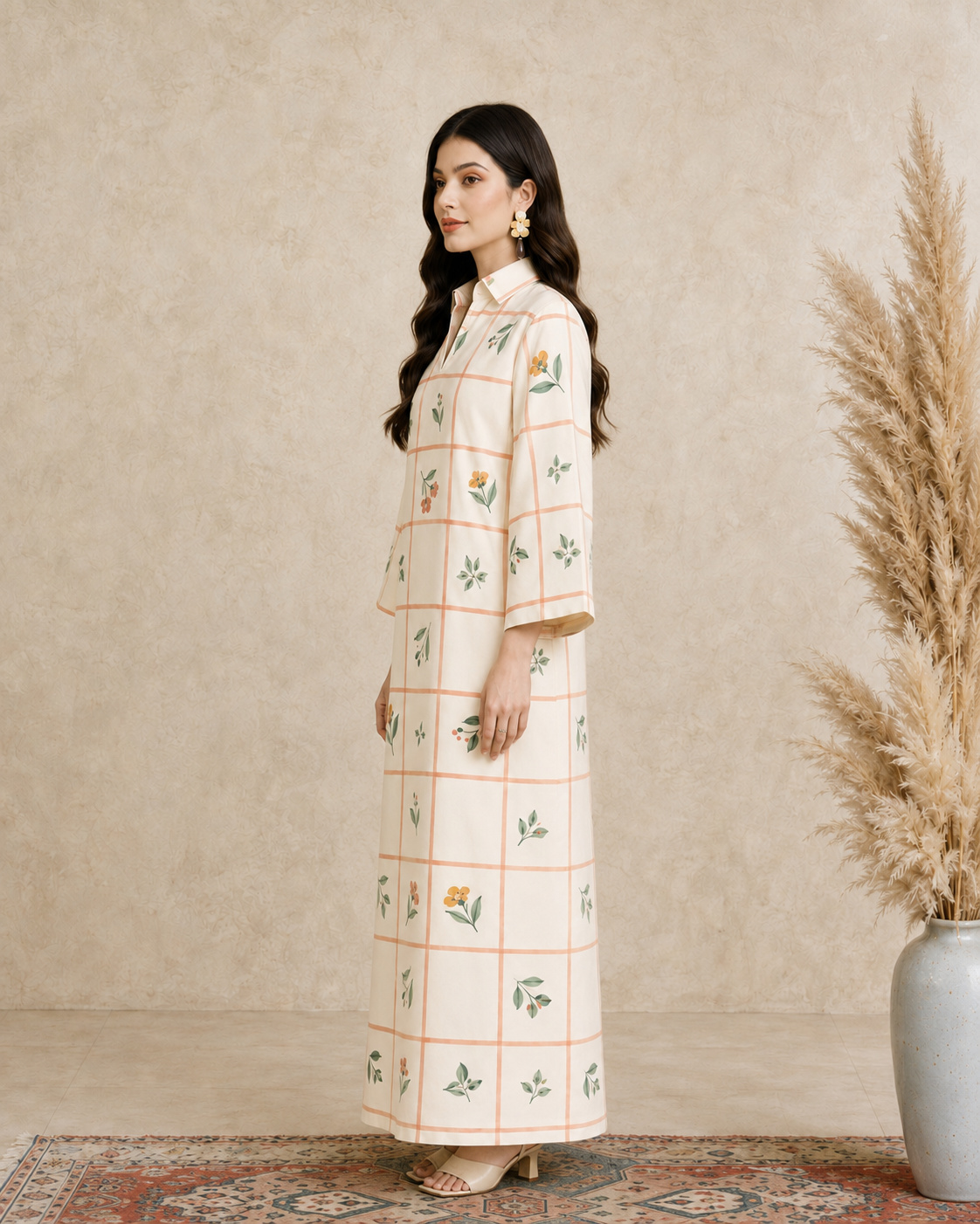 Cream Floral Grid Print Open Collar Jalabiya