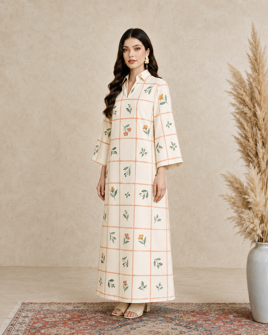 Cream Floral Grid Print Open Collar Jalabiya