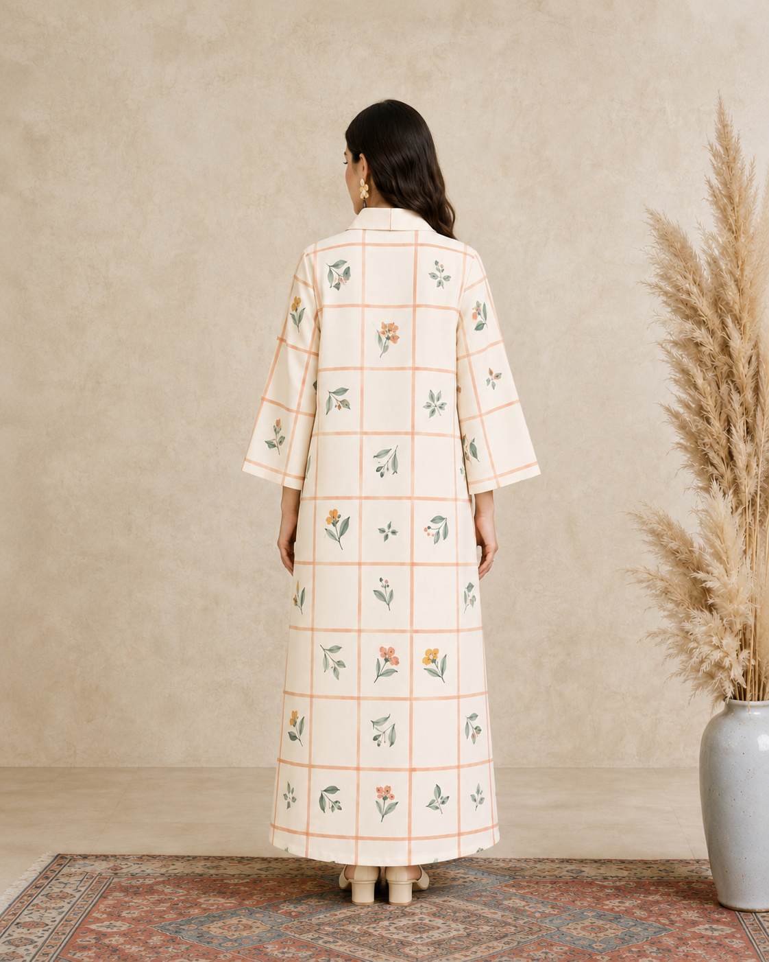 Cream Floral Grid Print Open Collar Jalabiya