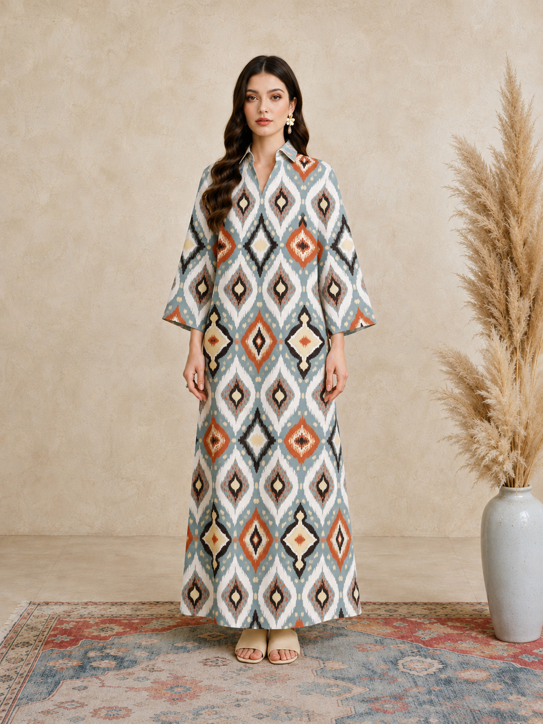 Multi Ikat Print Open Collar Jalabiya