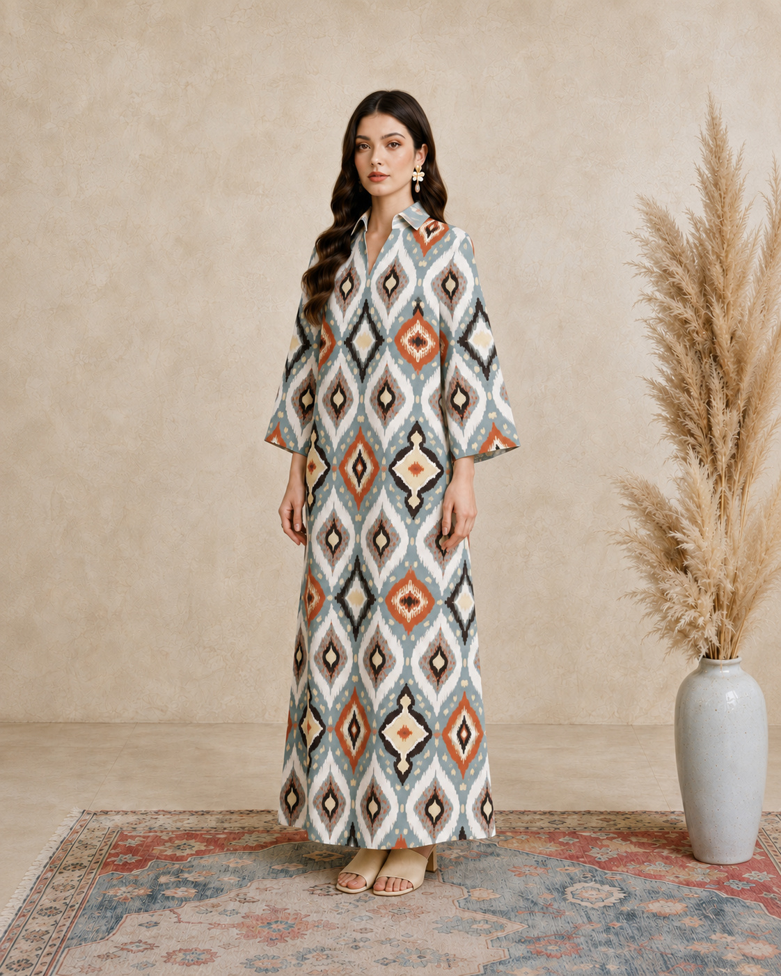 Multi Ikat Print Open Collar Jalabiya