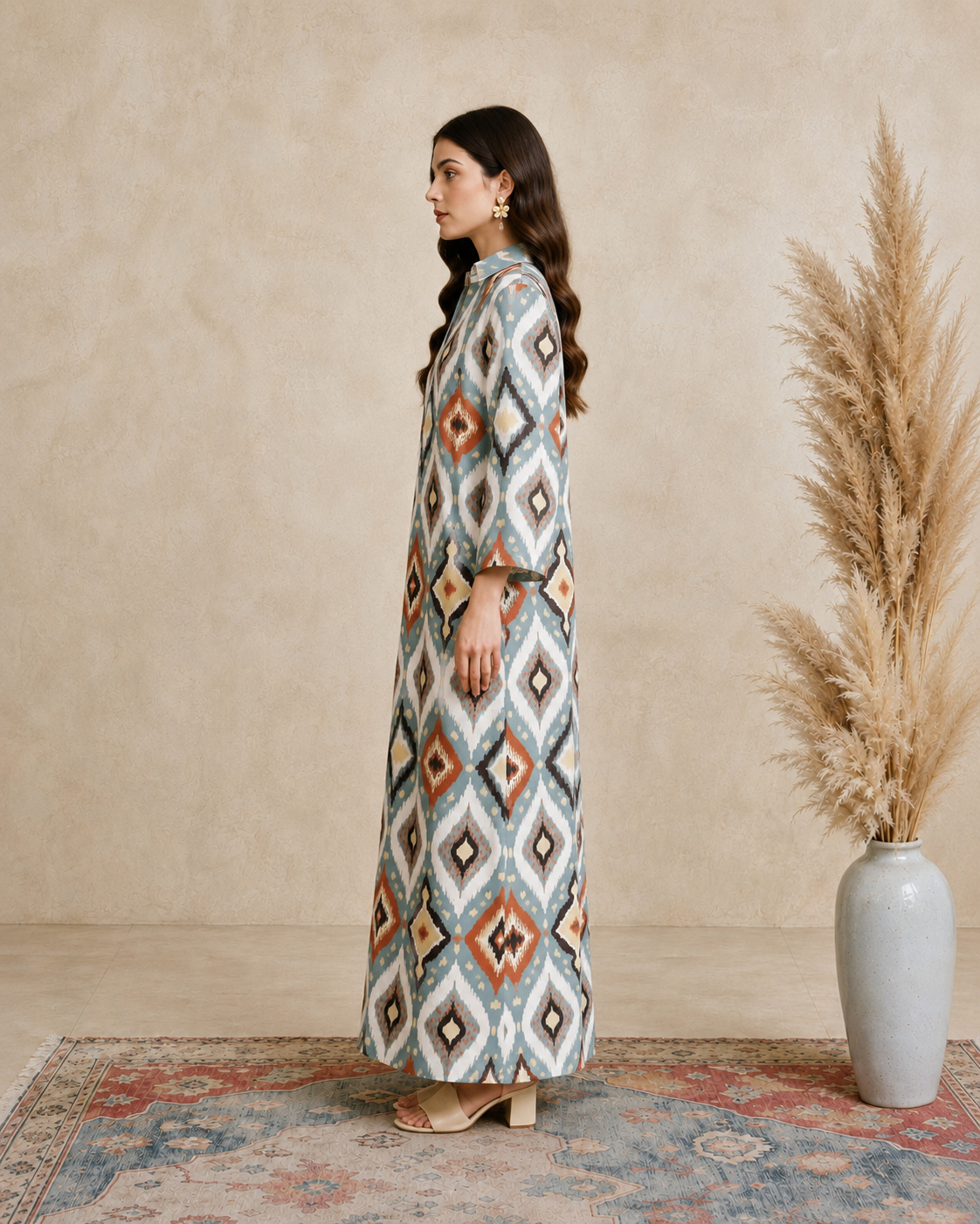 Multi Ikat Print Open Collar Jalabiya