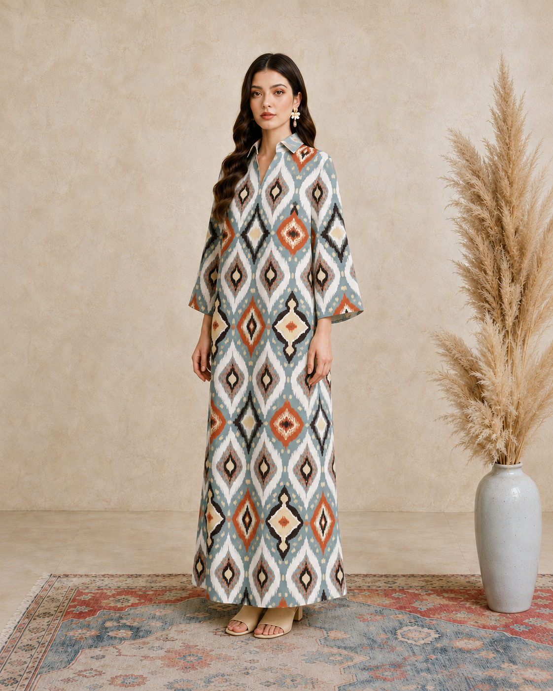 Multi Ikat Print Open Collar Jalabiya