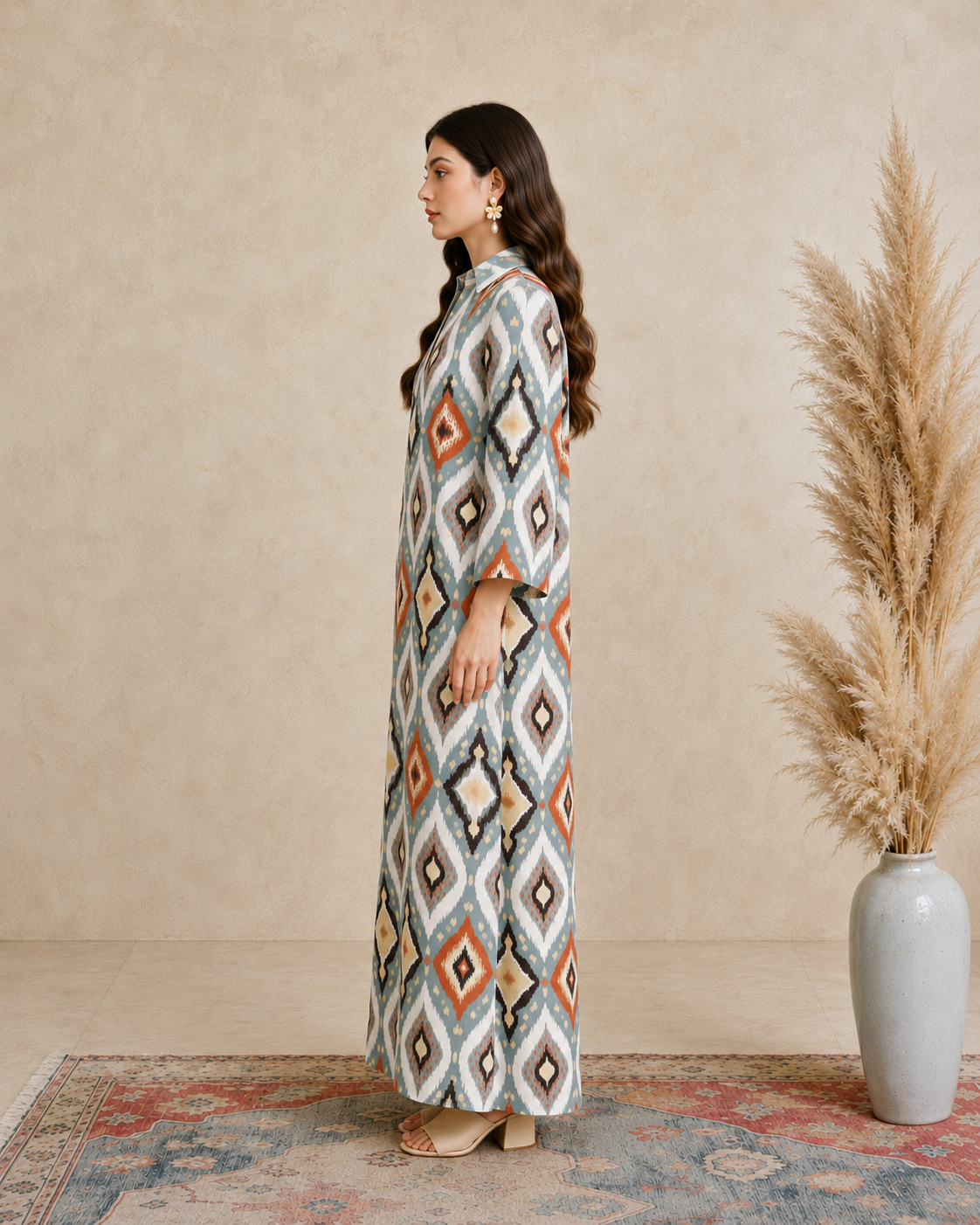 Multi Ikat Print Open Collar Jalabiya