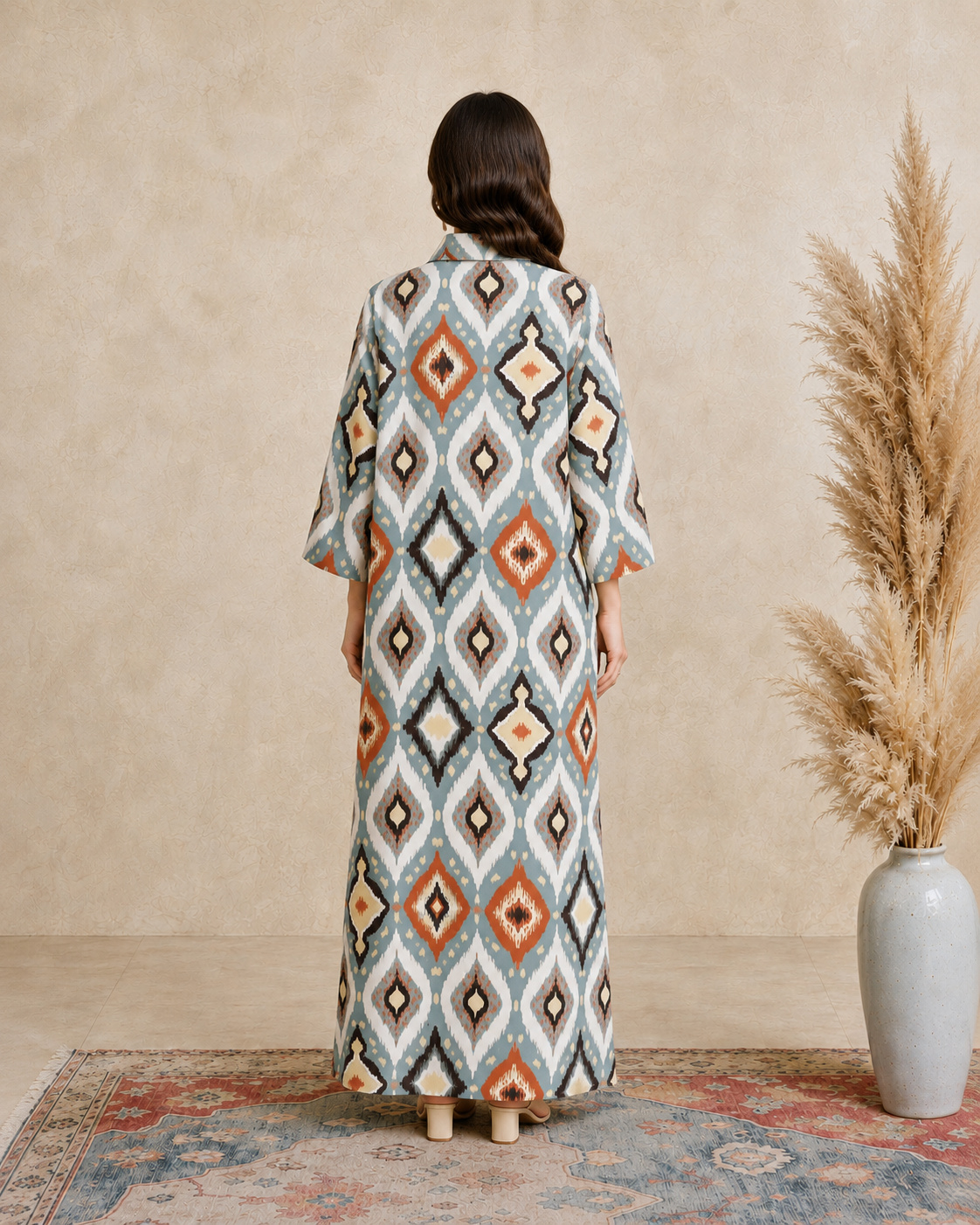 Multi Ikat Print Open Collar Jalabiya