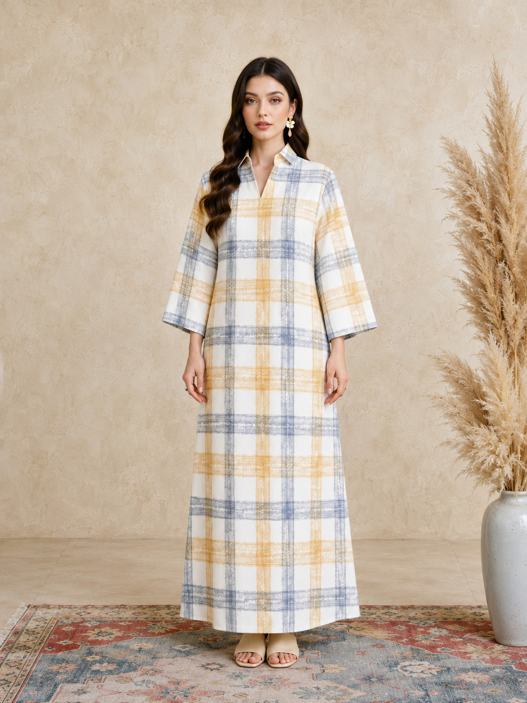 Multi Plaid Print Open Collar Jalabiya