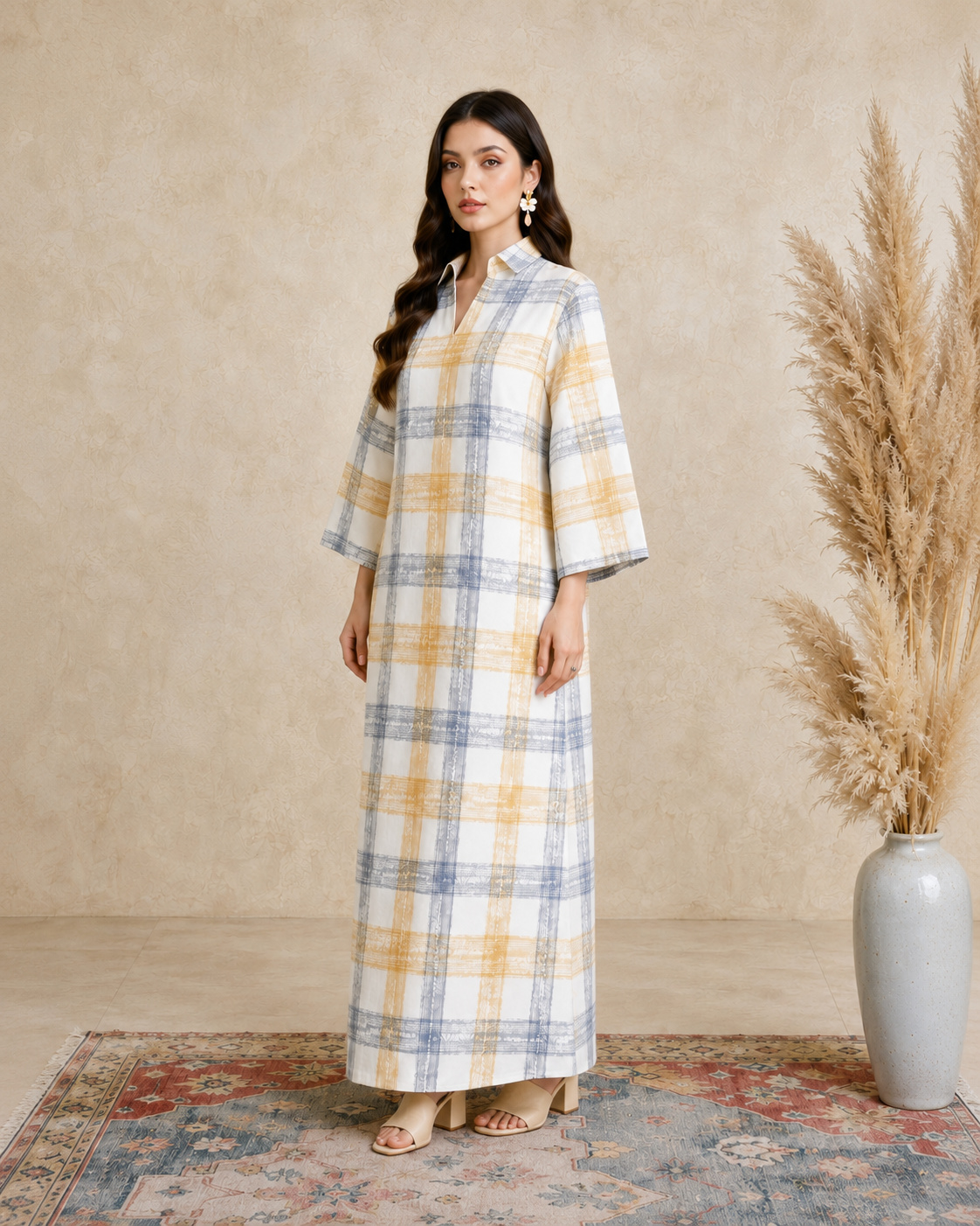 Multi Plaid Print Open Collar Jalabiya