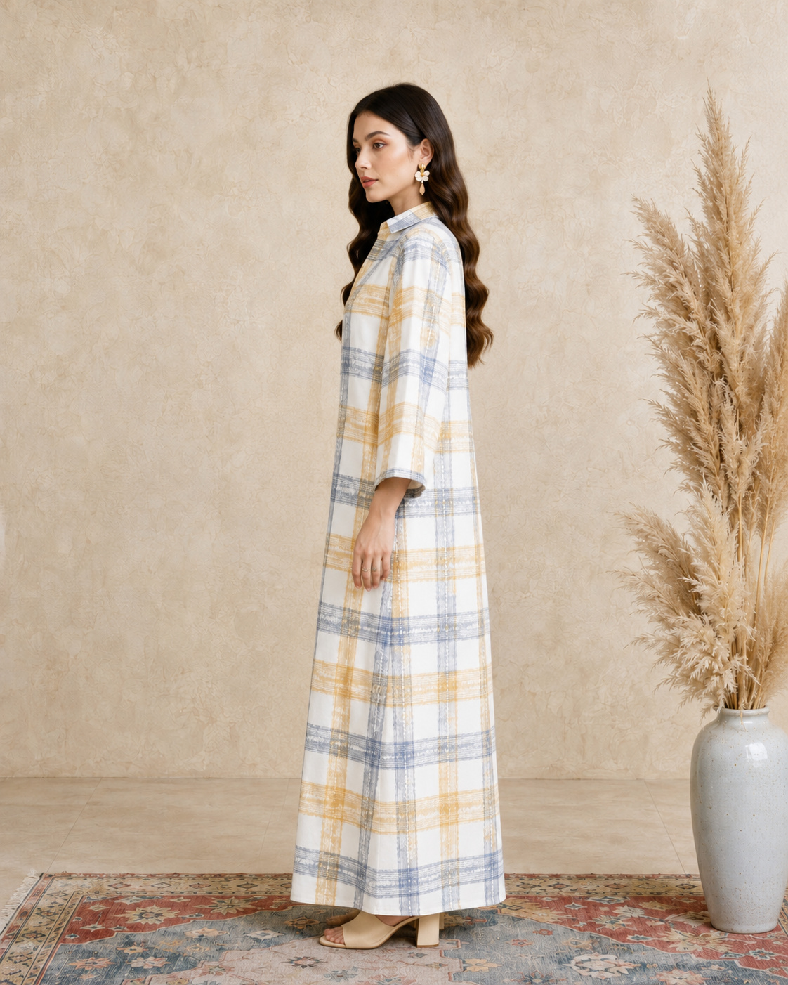 Multi Plaid Print Open Collar Jalabiya