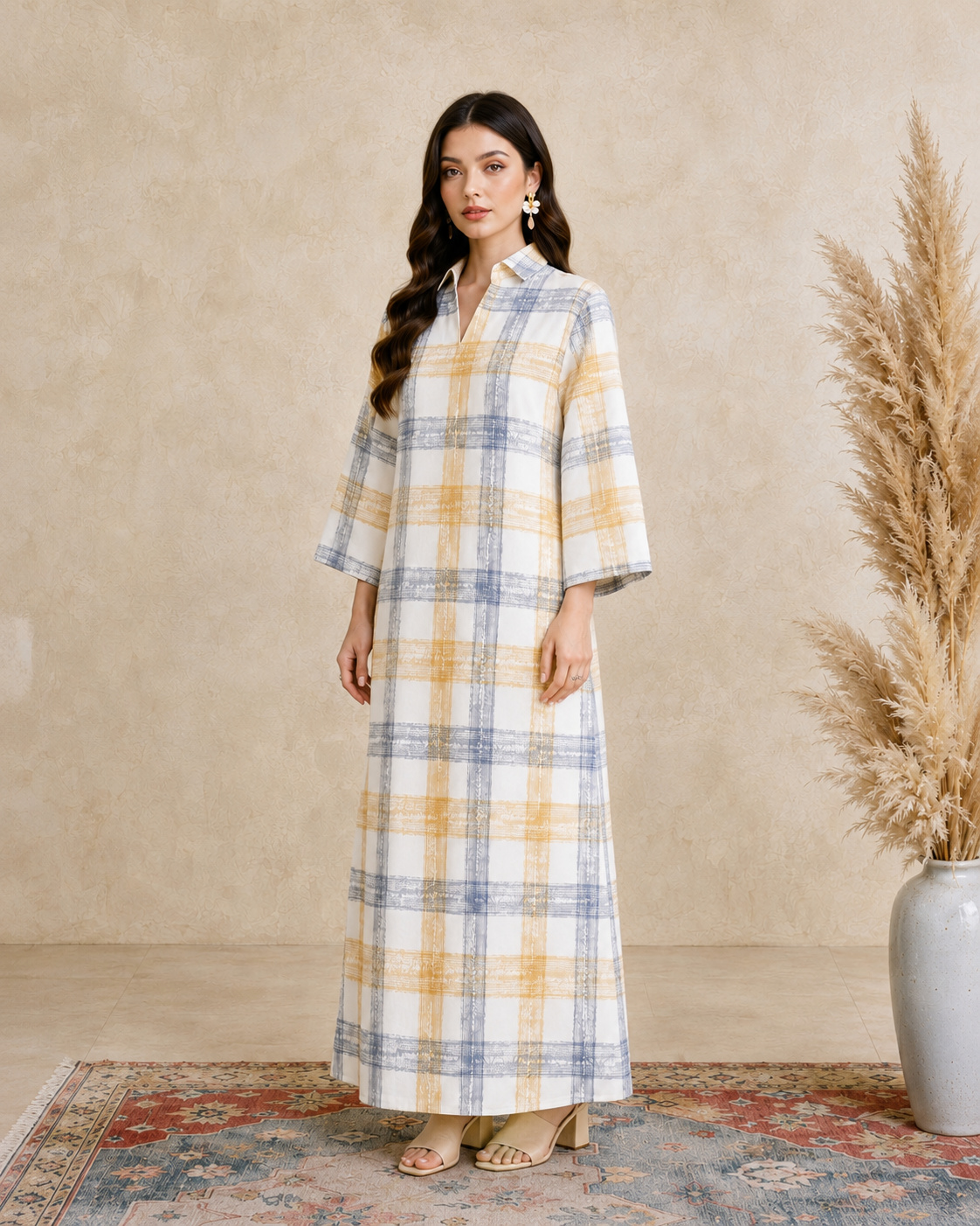 Multi Plaid Print Open Collar Jalabiya