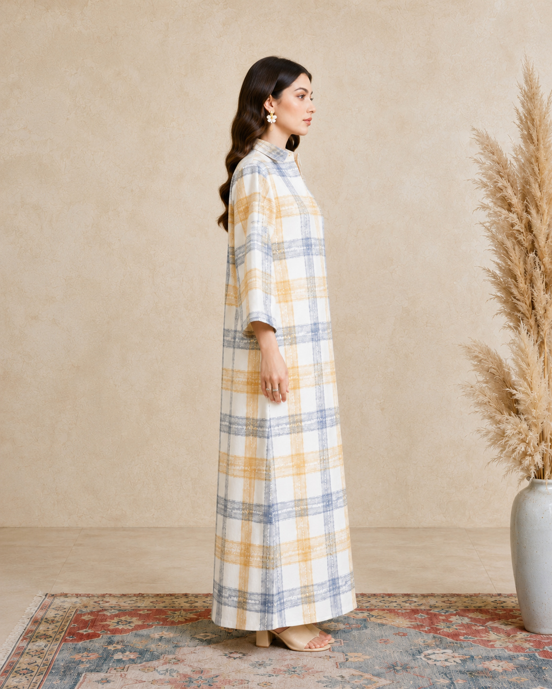 Multi Plaid Print Open Collar Jalabiya