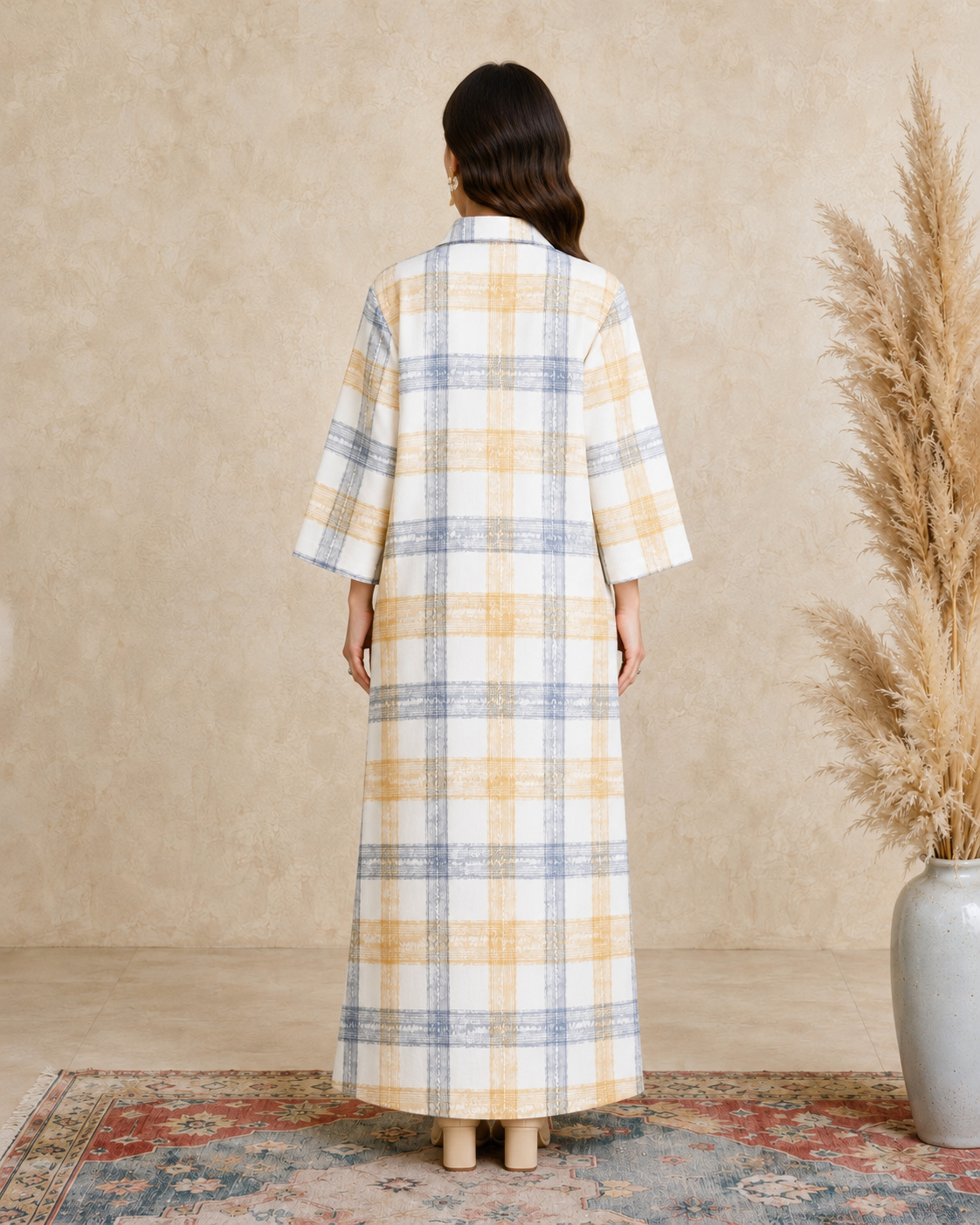 Multi Plaid Print Open Collar Jalabiya