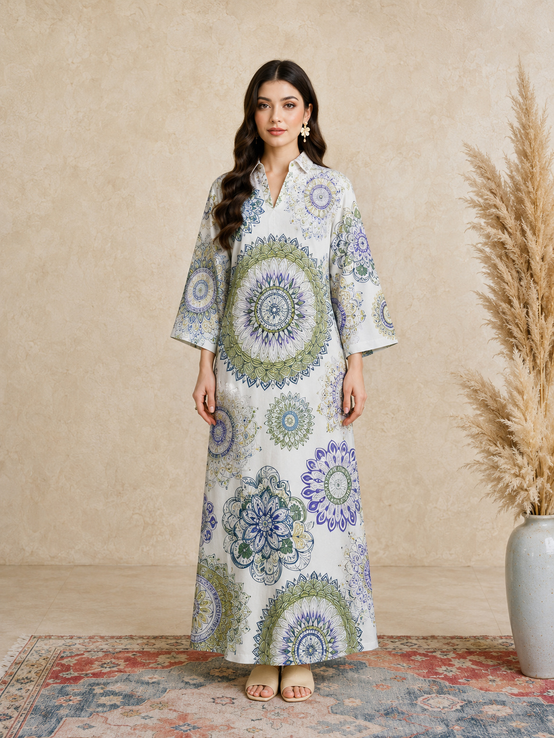 Multi Long Sleeves Open Collar Jalabiya