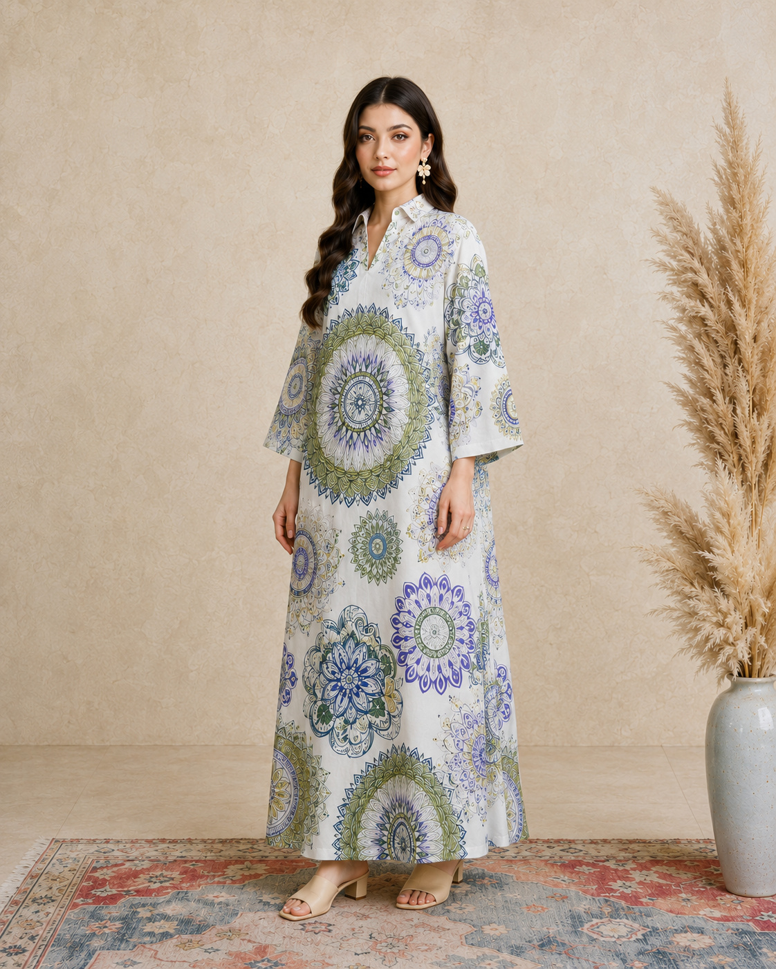 Multi Long Sleeves Open Collar Jalabiya