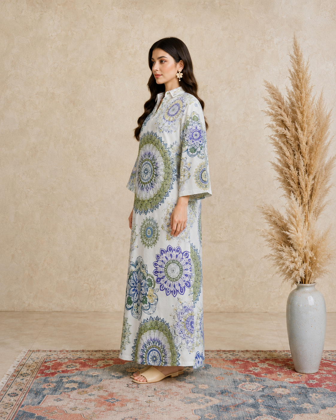 Multi Long Sleeves Open Collar Jalabiya