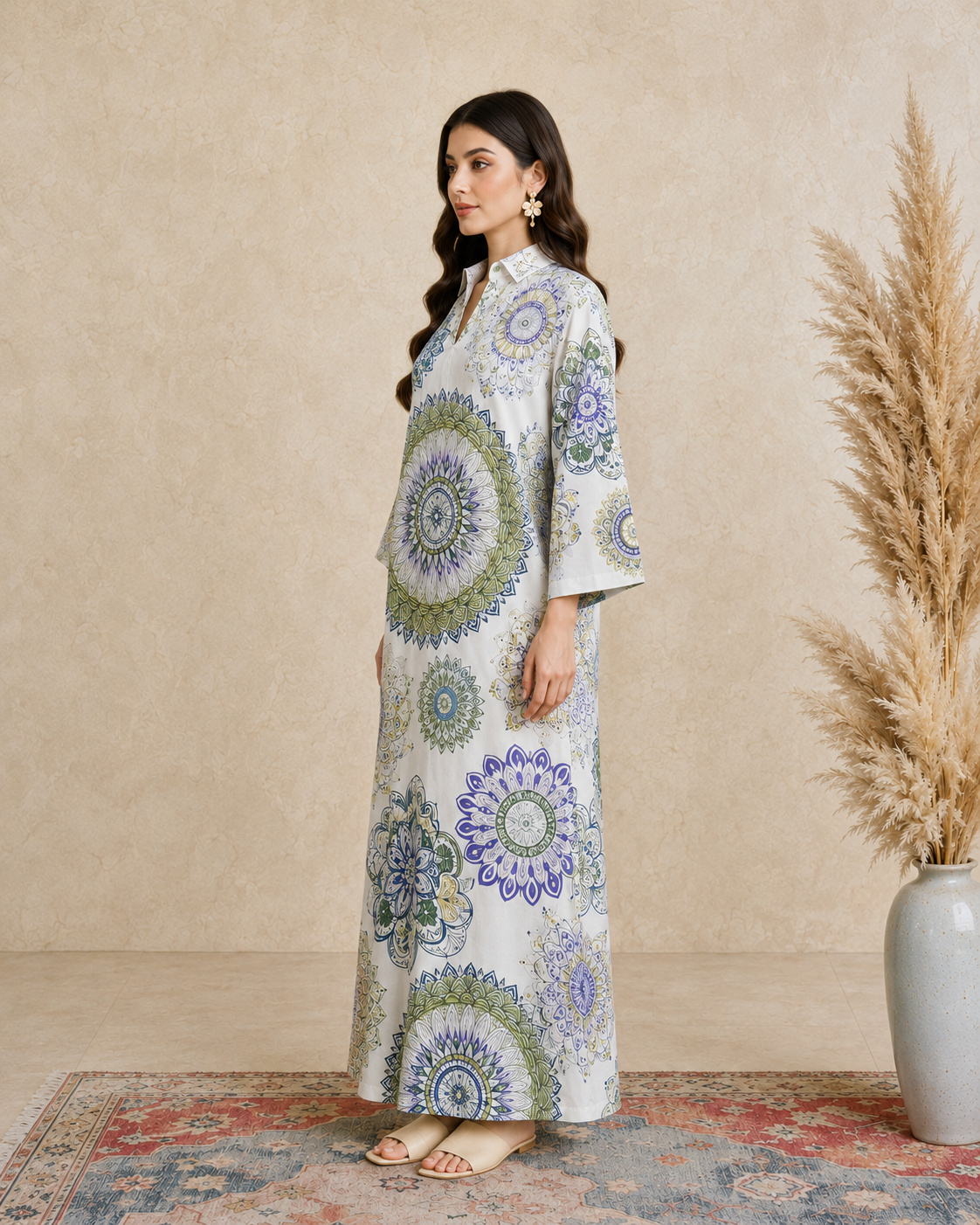 Multi Long Sleeves Open Collar Jalabiya