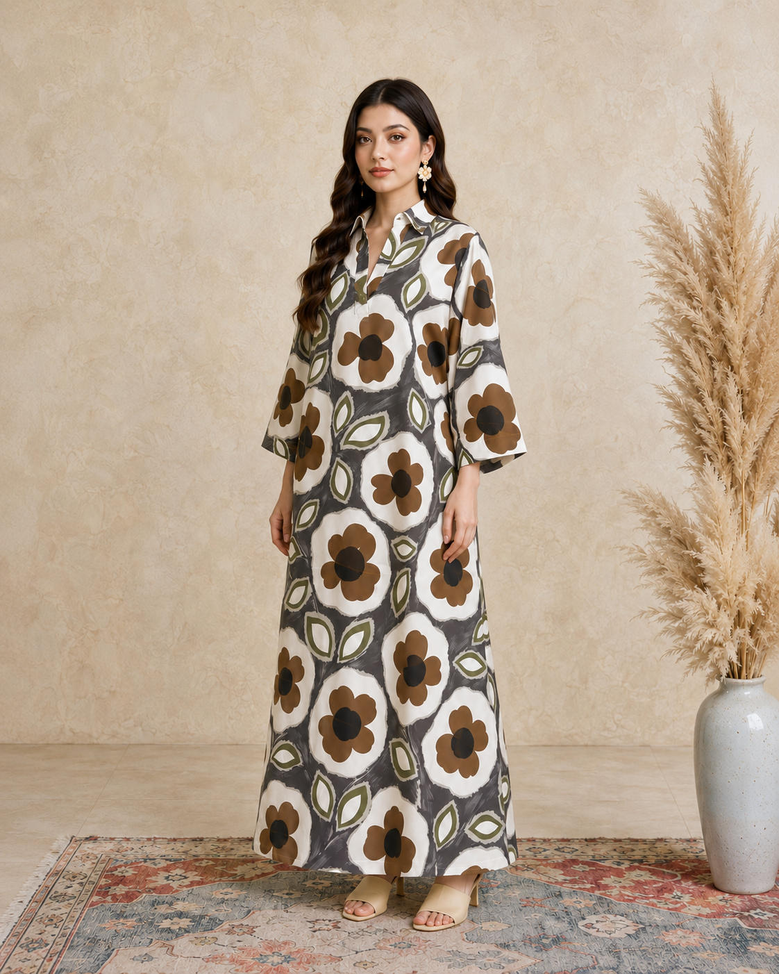 Multi Floral Print Open Collar Jalabiya
