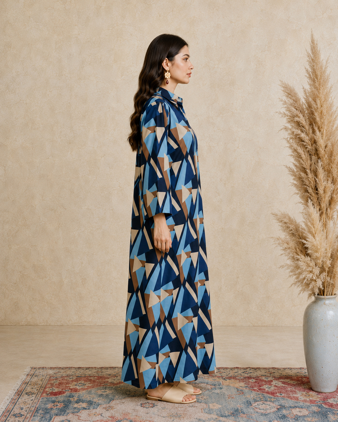 Blue Geometric Print Open Collar Jalabiya