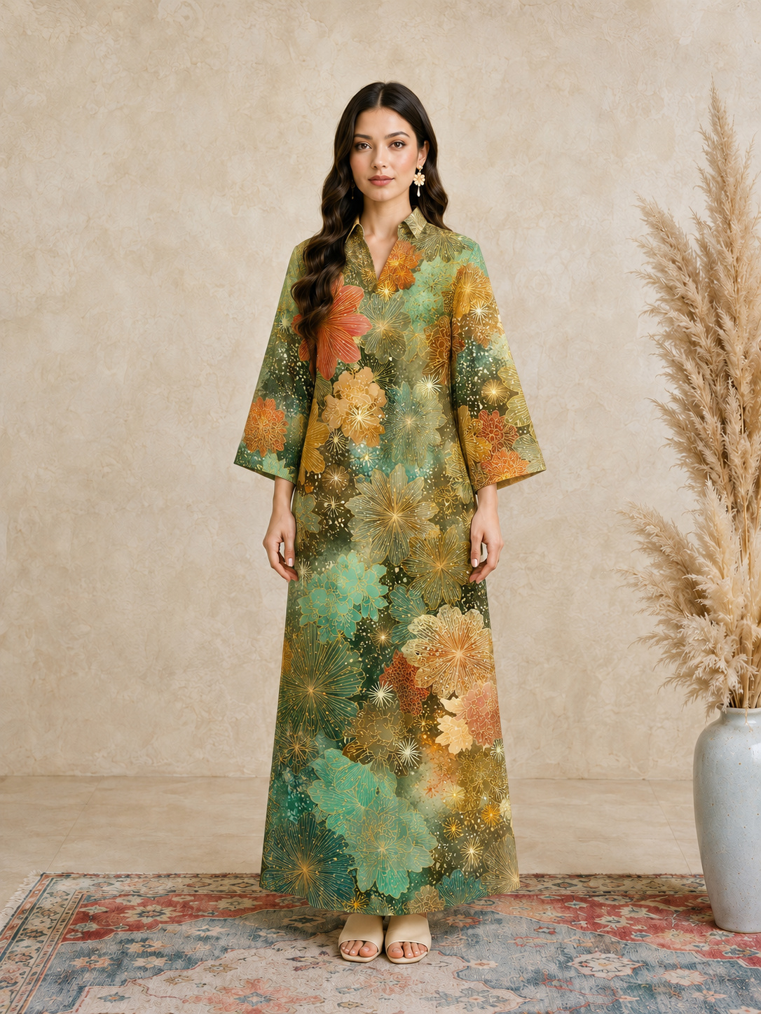 Multi Floral Print Open Collar Jalabiya