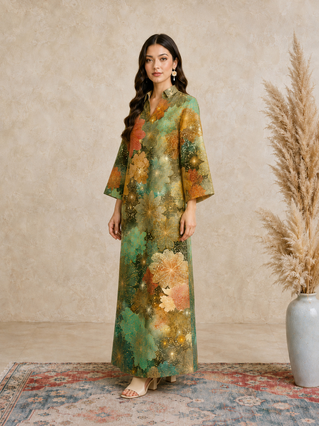 Multi Floral Print Open Collar Jalabiya