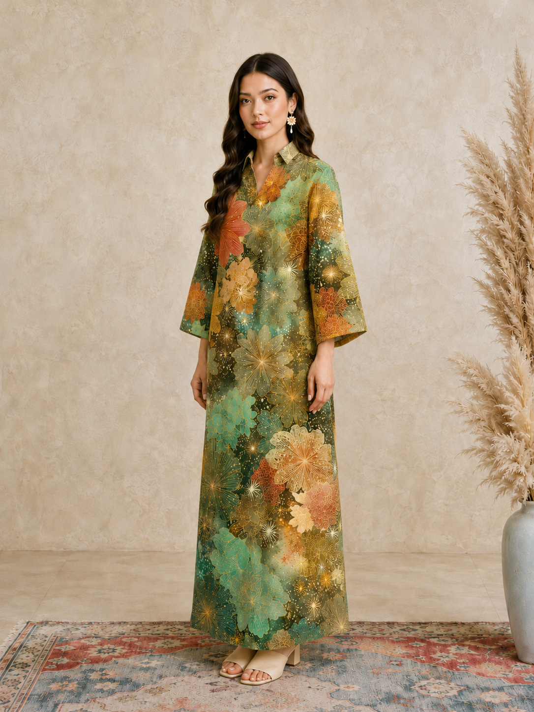 Multi Floral Print Open Collar Jalabiya