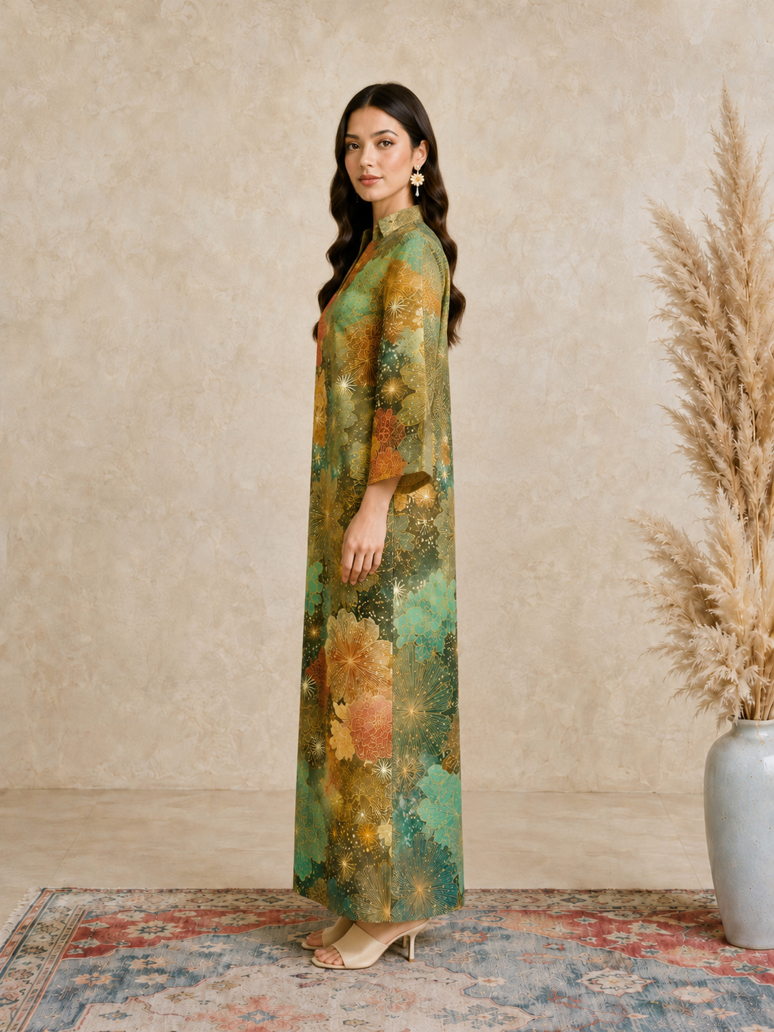Multi Floral Print Open Collar Jalabiya