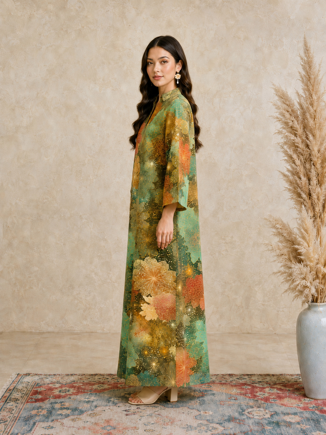 Multi Floral Print Open Collar Jalabiya