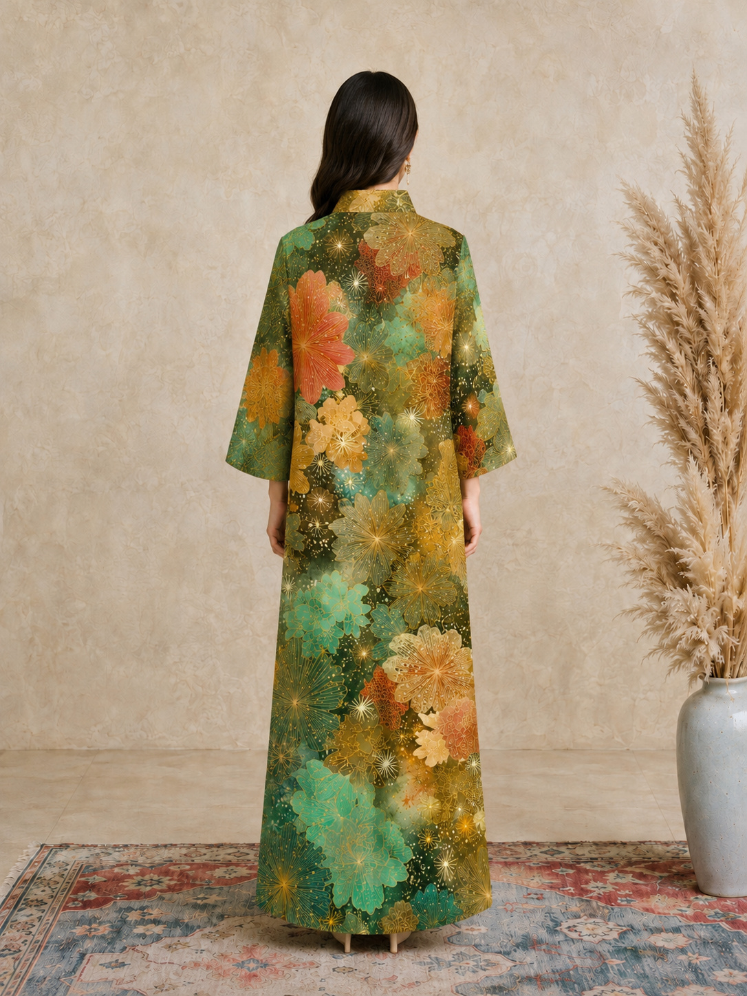 Multi Floral Print Open Collar Jalabiya