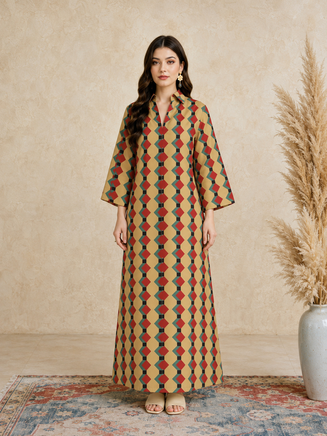 Multi Geometric Print Open Collar Jalabiya