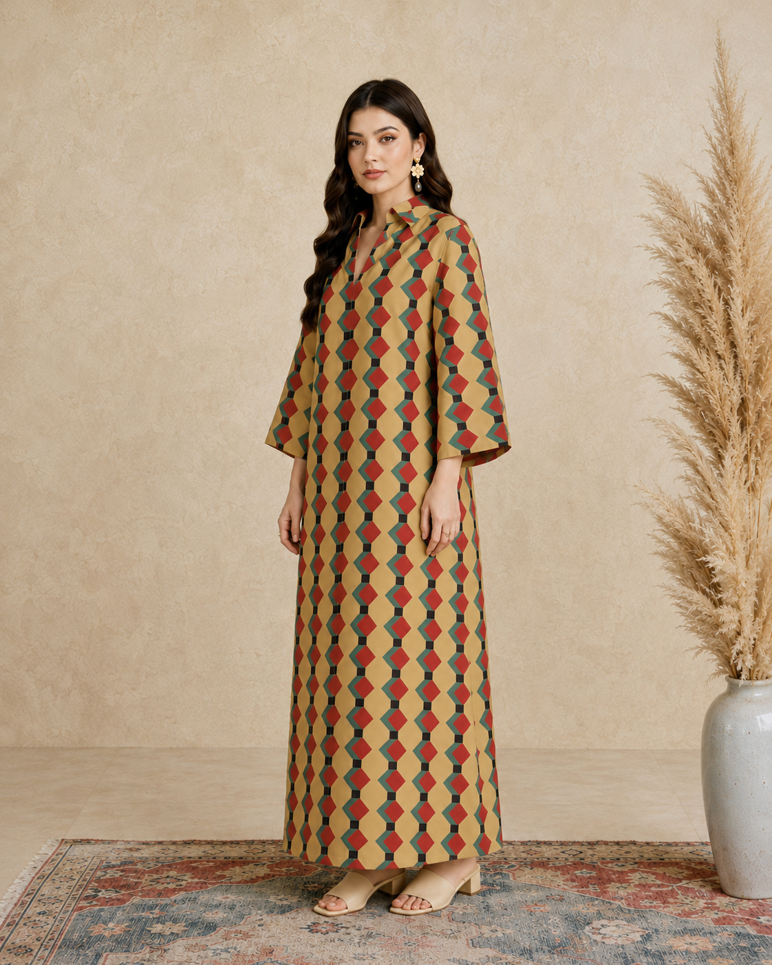 Multi Geometric Print Open Collar Jalabiya