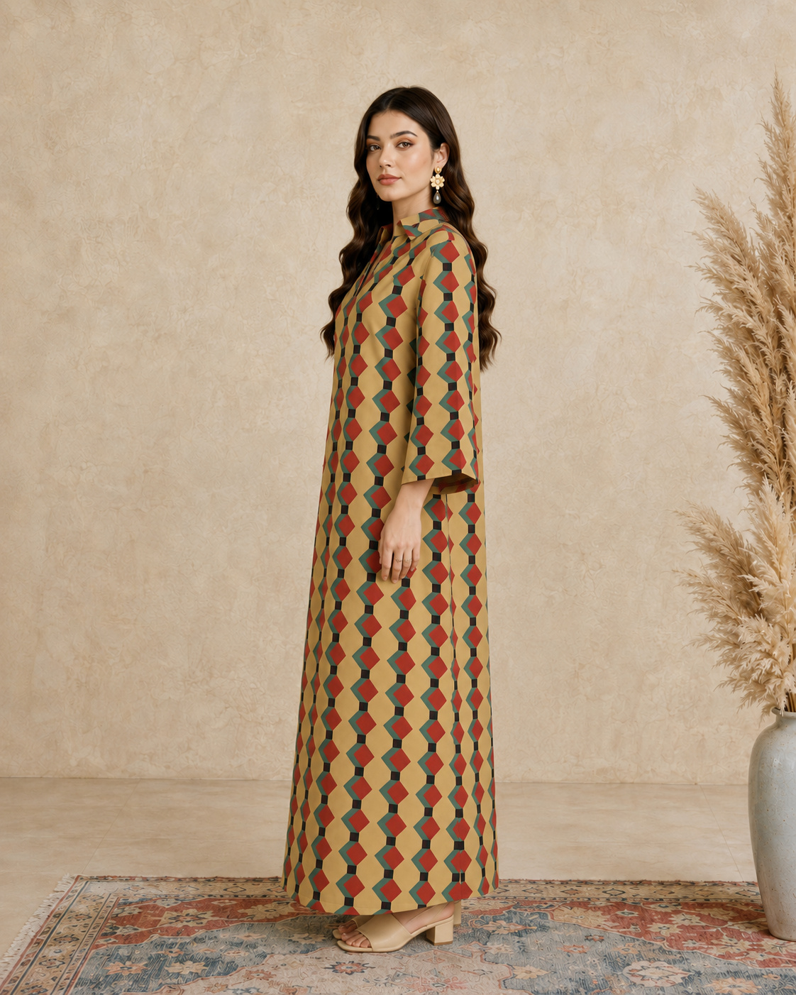 Multi Geometric Print Open Collar Jalabiya