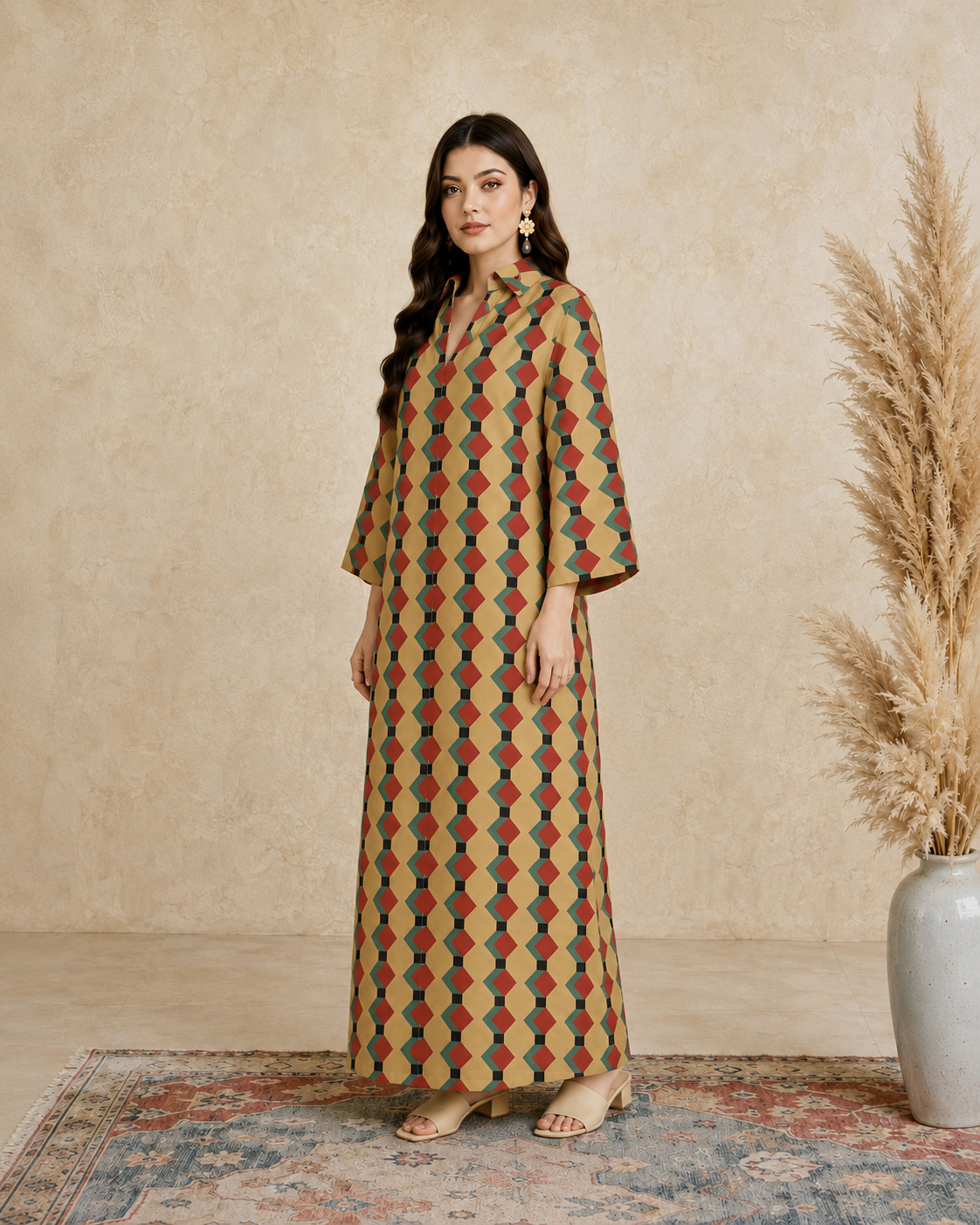 Multi Geometric Print Open Collar Jalabiya