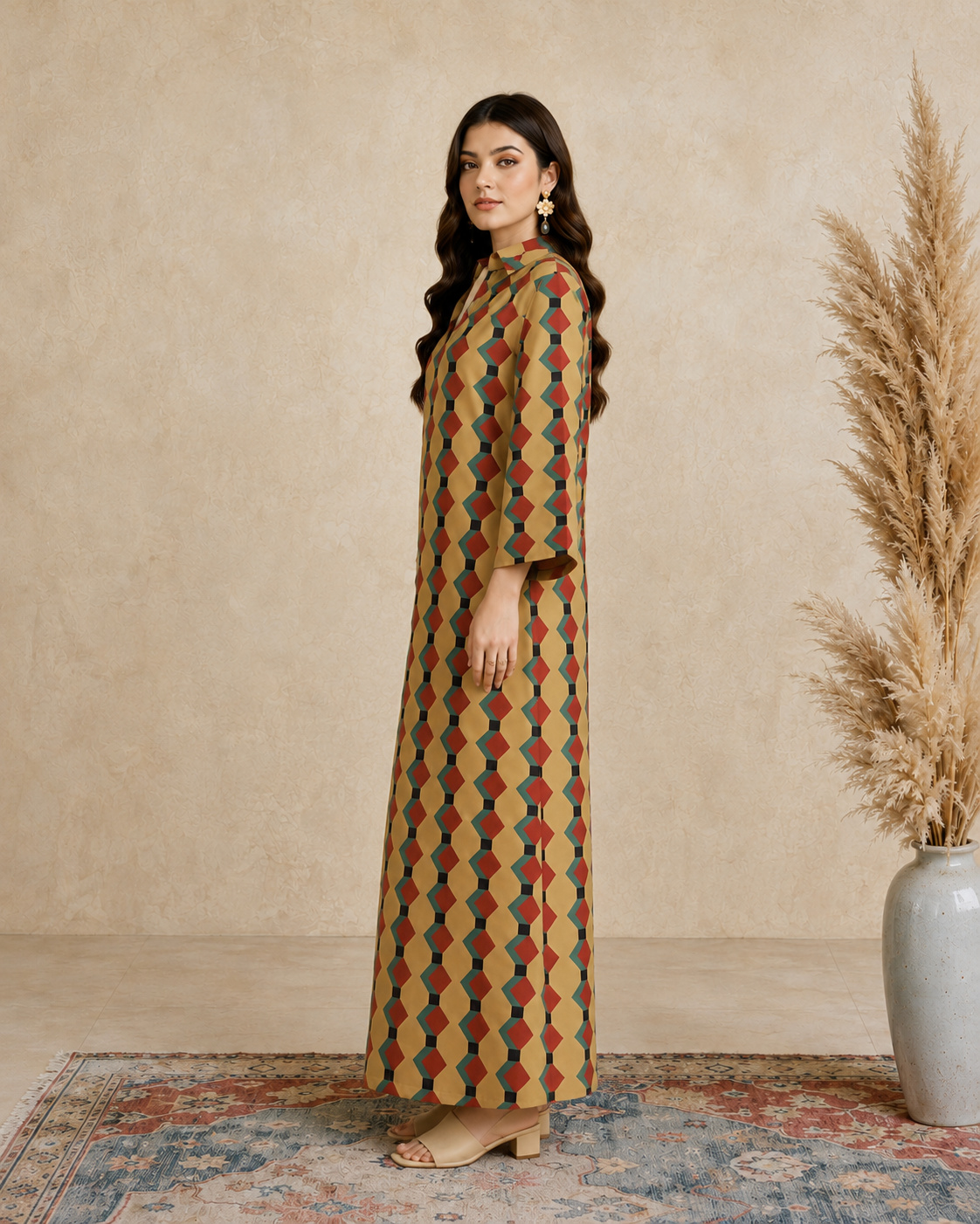 Multi Geometric Print Open Collar Jalabiya