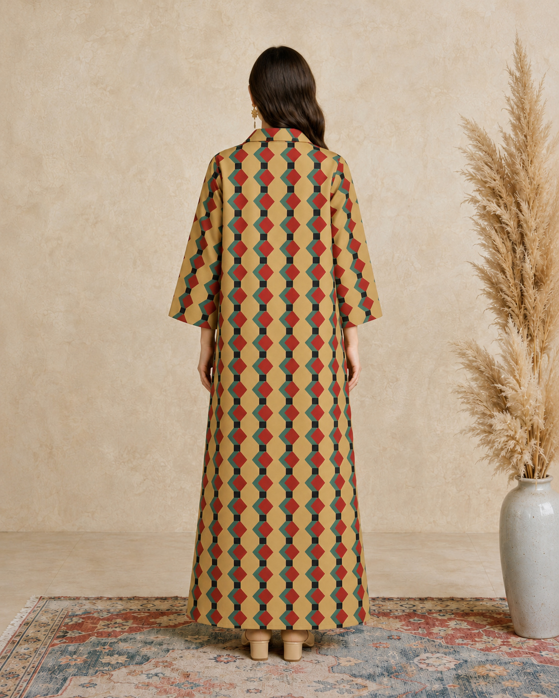 Multi Geometric Print Open Collar Jalabiya