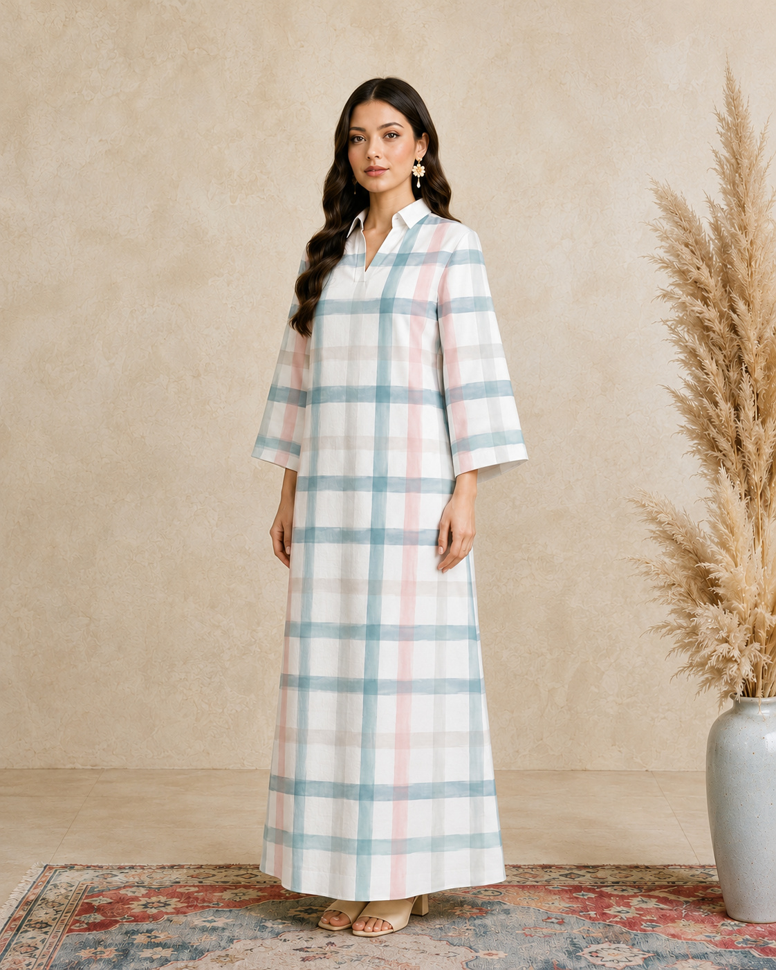 Multi Plaid Print Open Collar Jalabiya