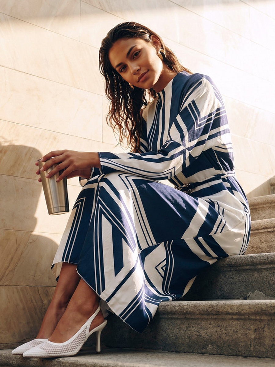 Printed Maxi Dress with Buckled Belt
