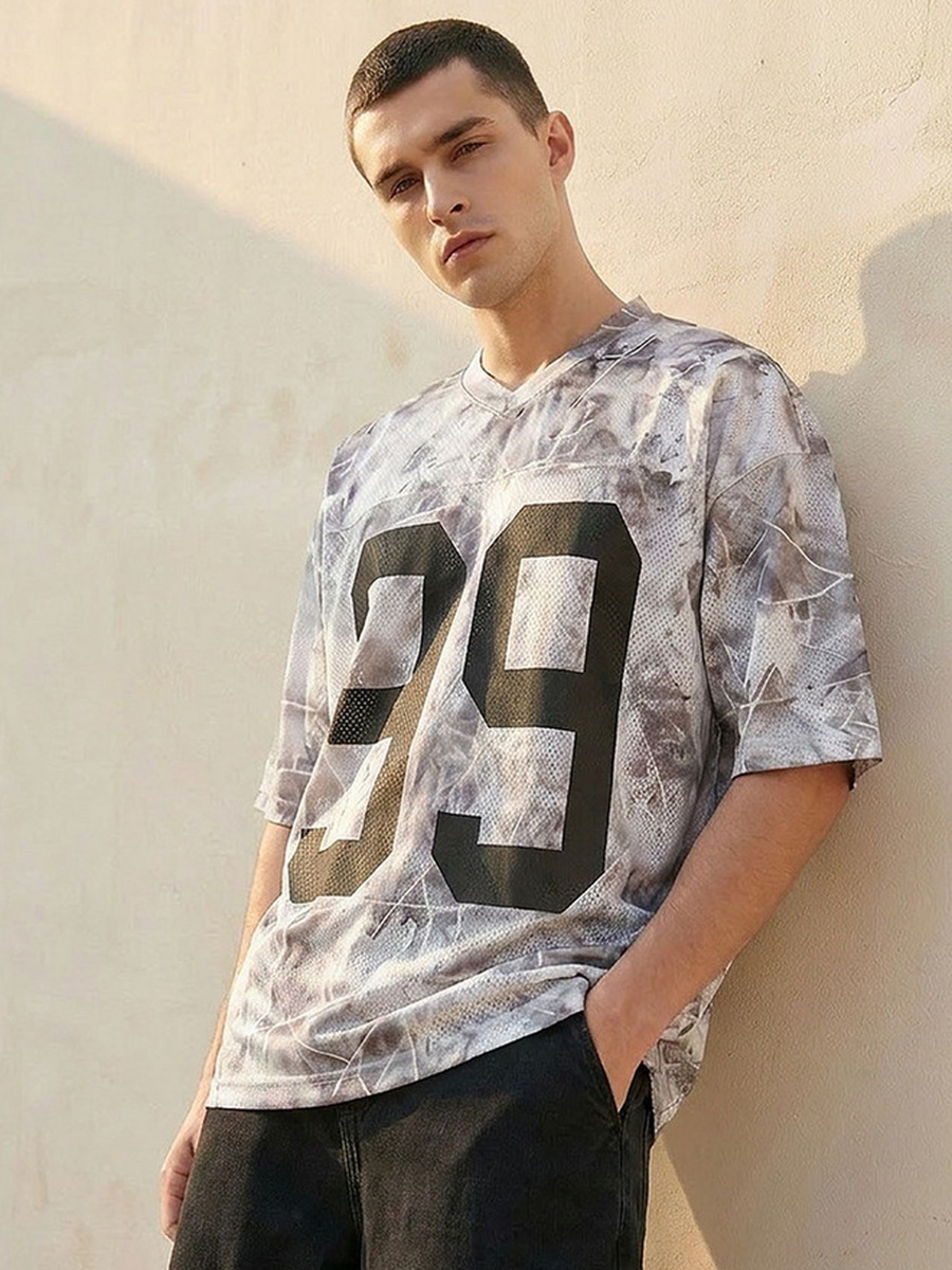 Relaxed Fit V Neck Short Sleeves Varsity Print T-Shirt
