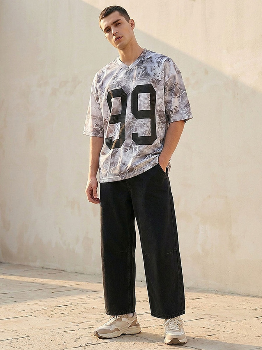Relaxed Fit V Neck Short Sleeves Varsity Print T-Shirt