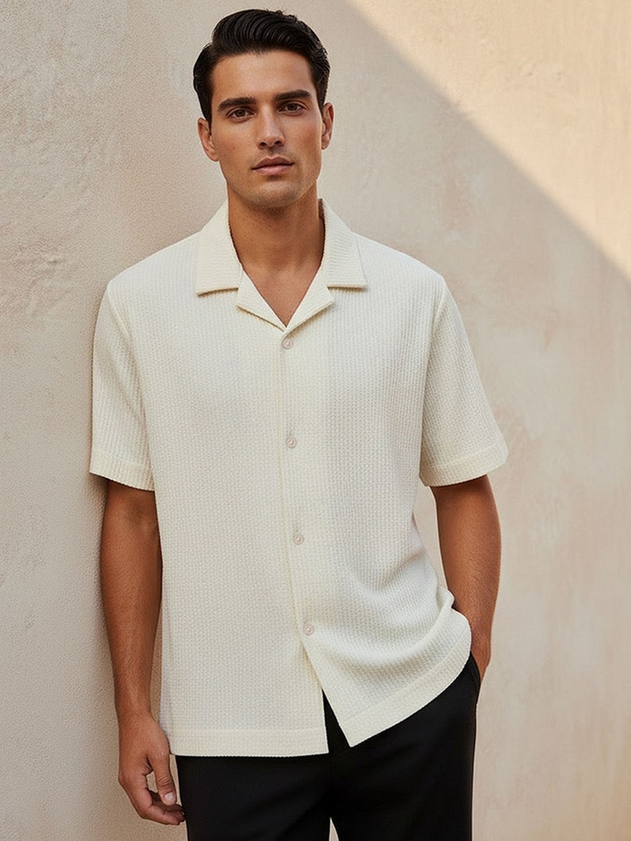 Regular Fit Camp Collar Textured Short Sleeves Shirt