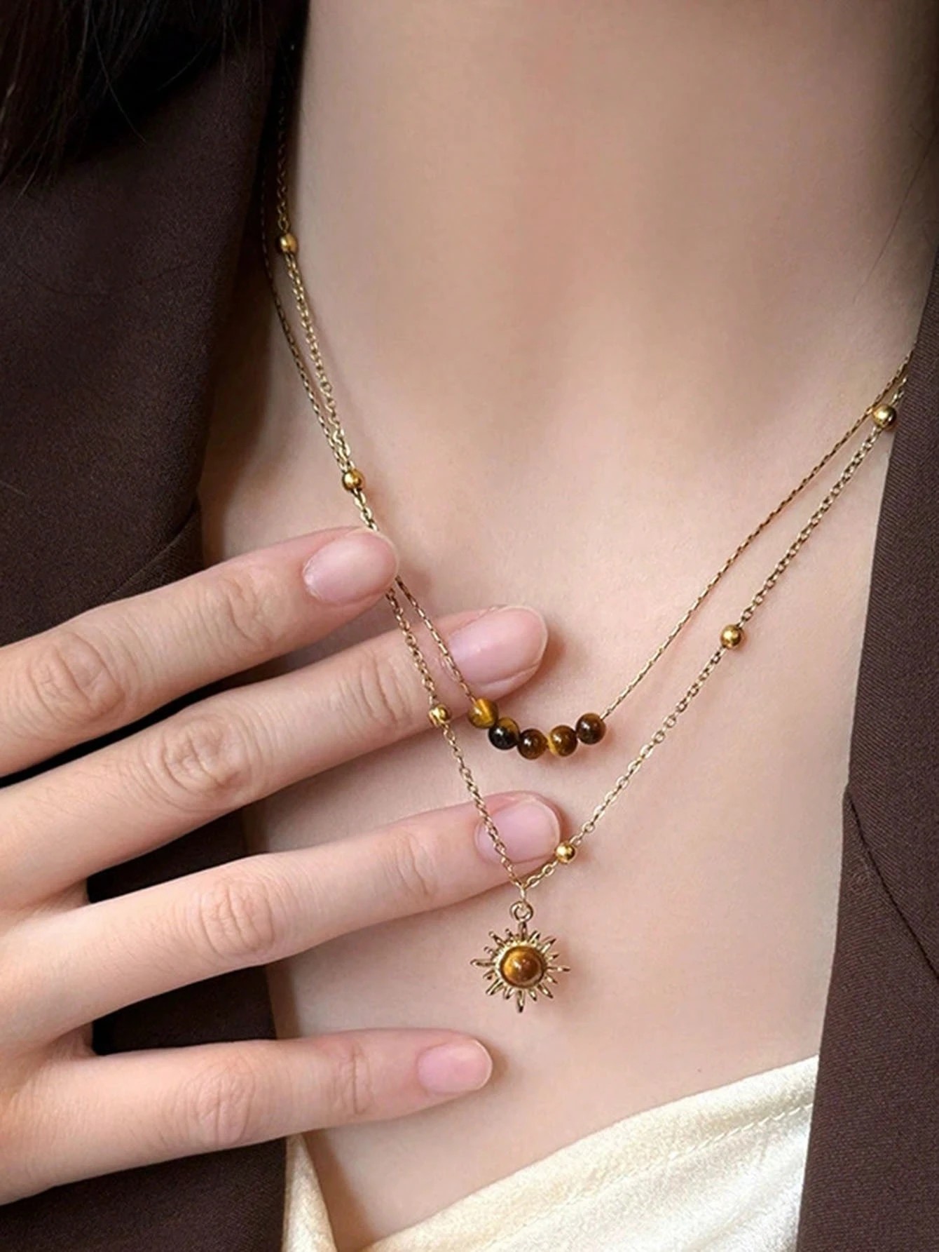 Gold Layered Necklace with Tigers Eye Sun Pendant
