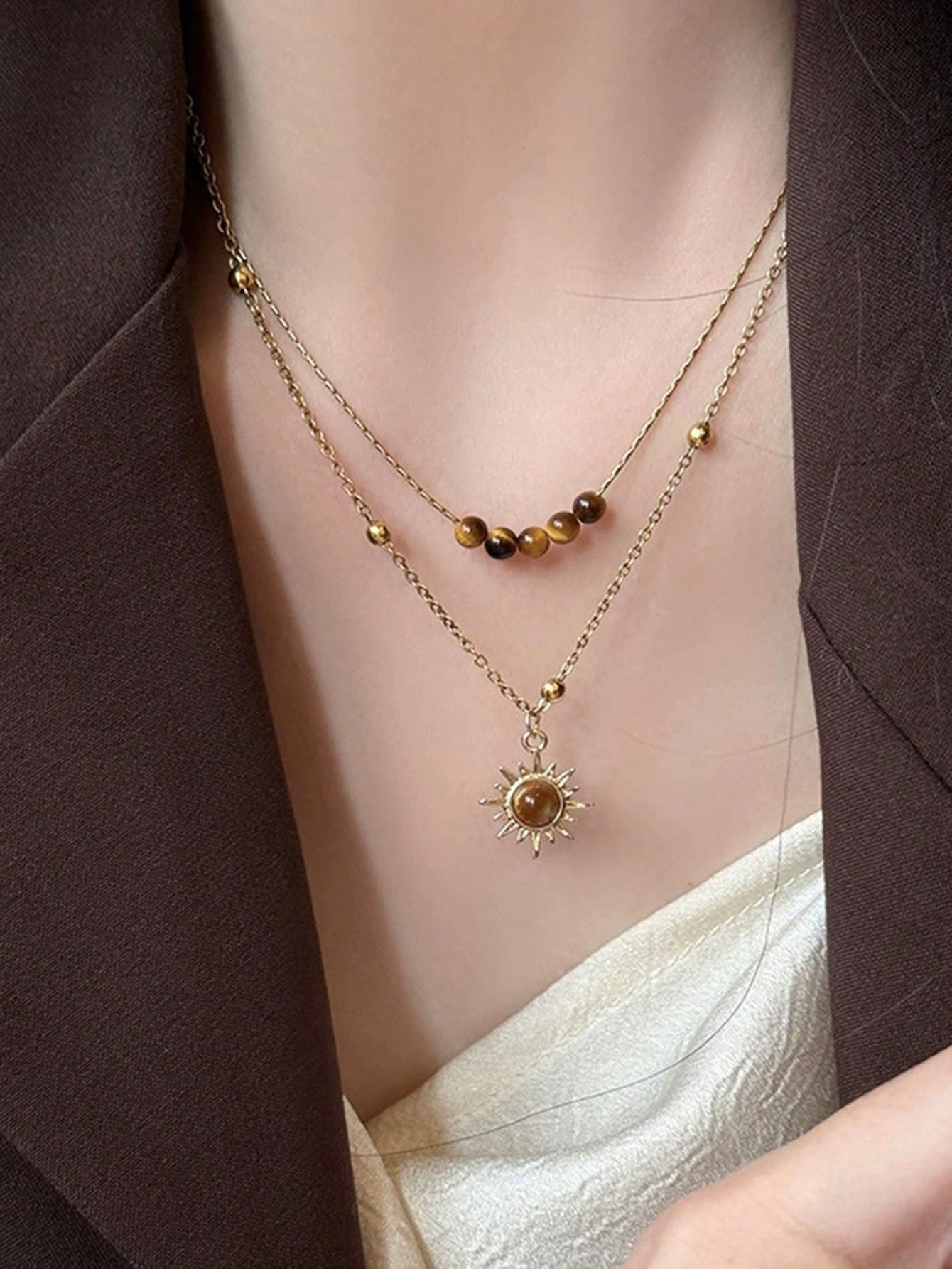 Gold Layered Necklace with Tigers Eye Sun Pendant
