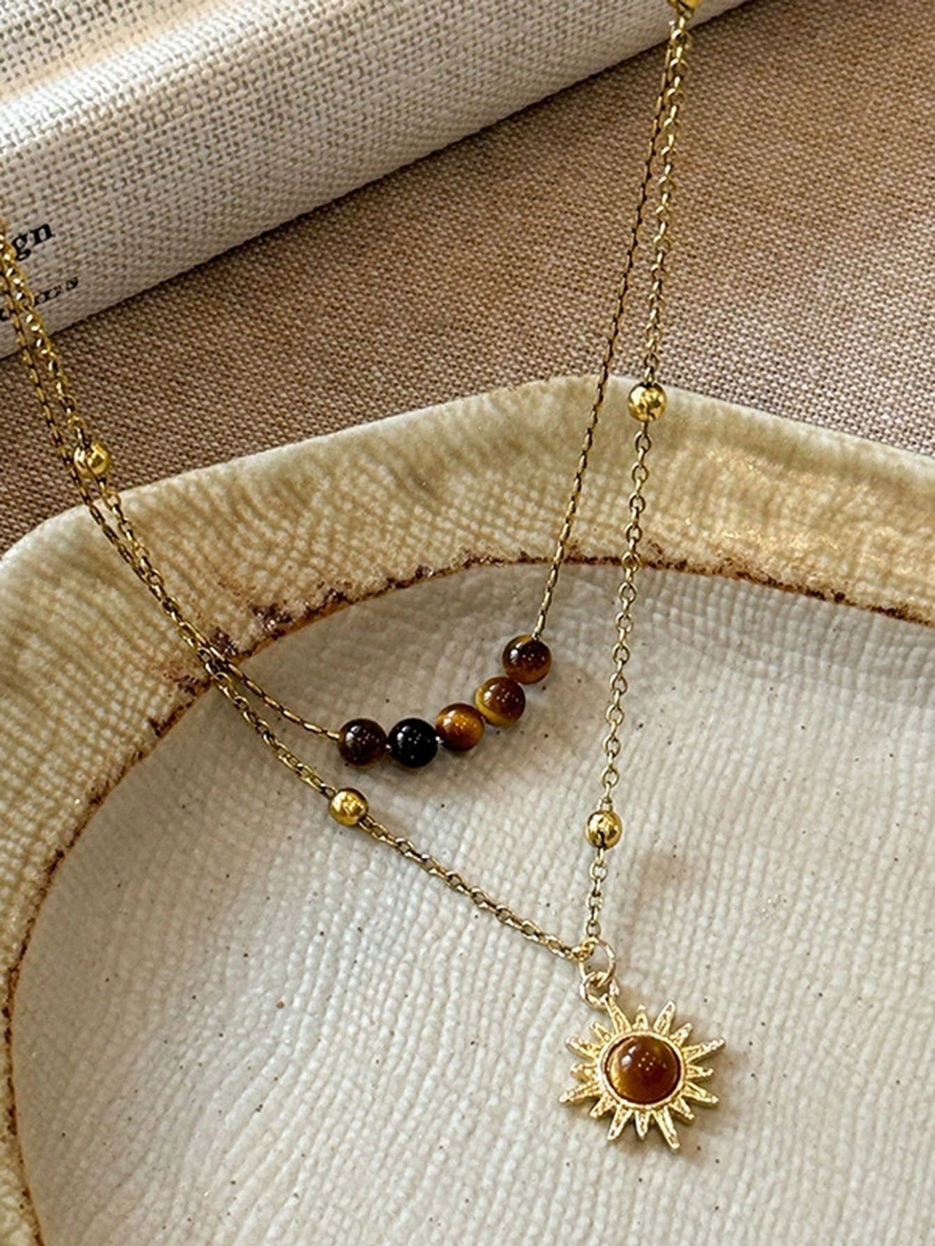 Gold Layered Necklace with Tigers Eye Sun Pendant