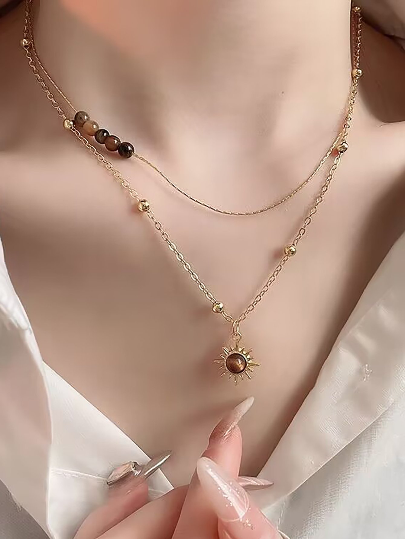 Gold Layered Necklace with Tigers Eye Sun Pendant