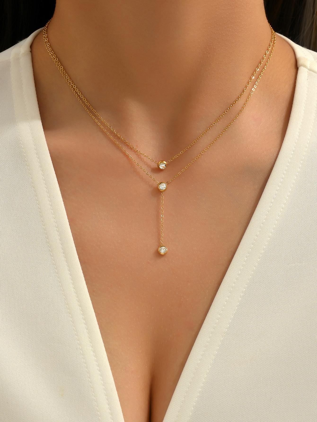Gold Layered Chain Necklace with Zirconia