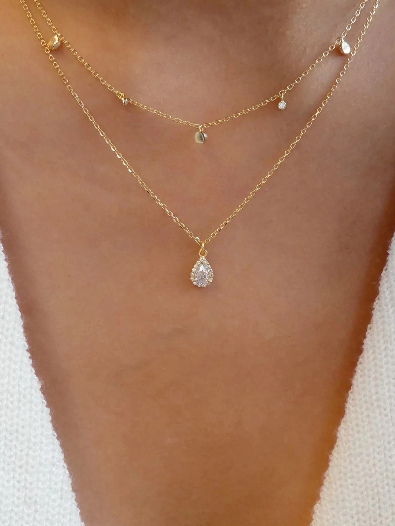Golden Layered Chain Necklace with Zircon Teardrop Pendant