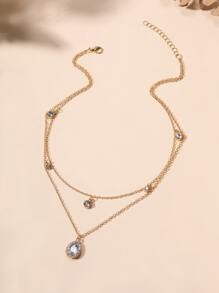 Golden Layered Chain Necklace with Zircon Teardrop Pendant