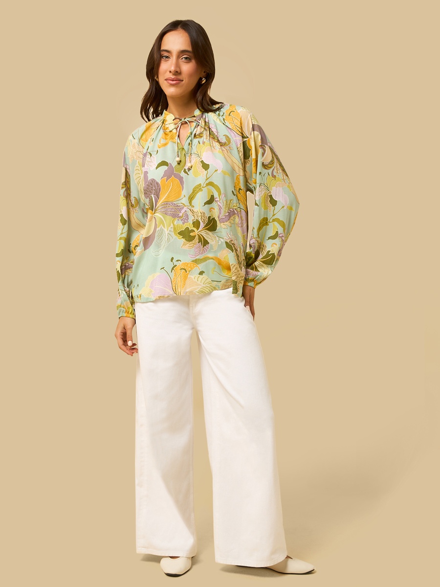 Floral Print Top with Neck Tie-Up