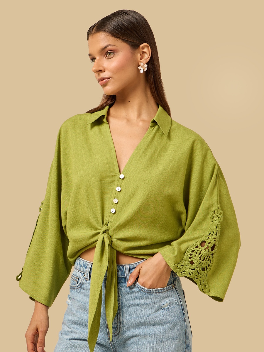 Linen Blend Top with Tie-Up Detail