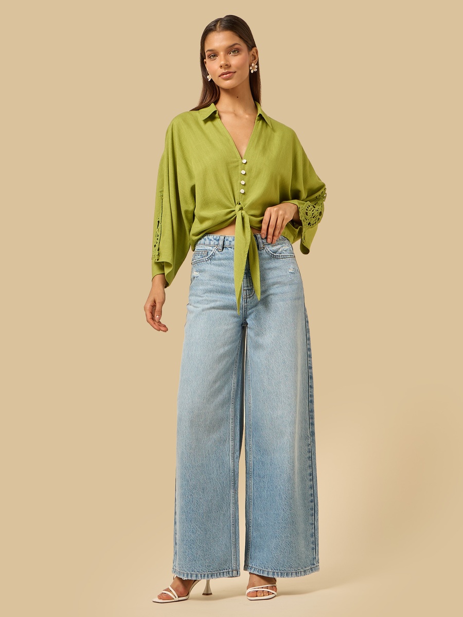 Linen Blend Top with Tie-Up Detail